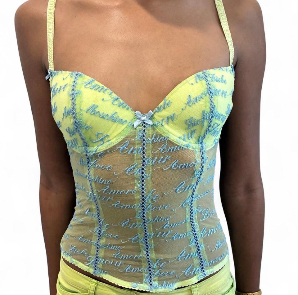 Vintage Moschino lime green mesh corset top